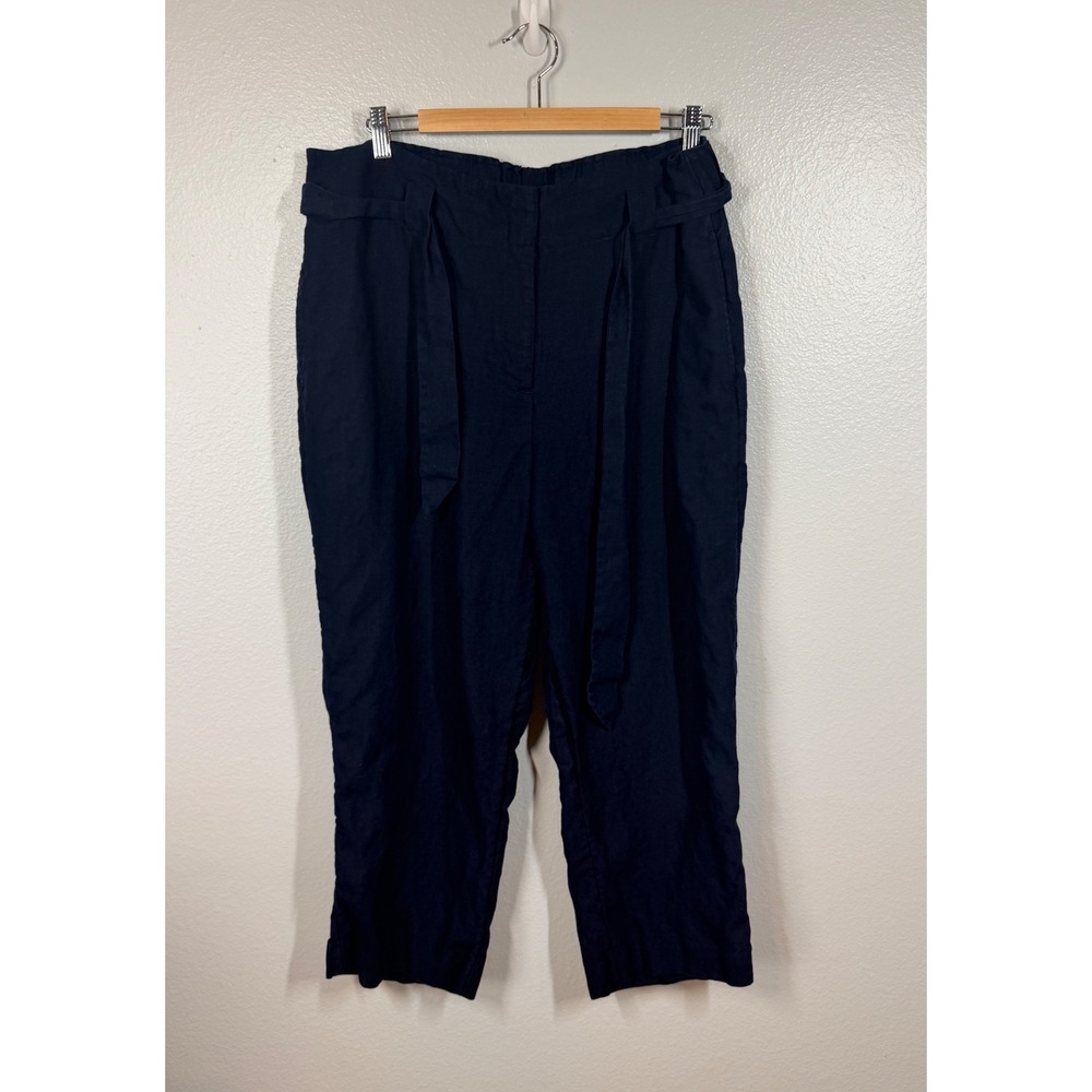 Chico's Pants Women 3 XL Navy Blue Linen Belted Crop Trousers Casual